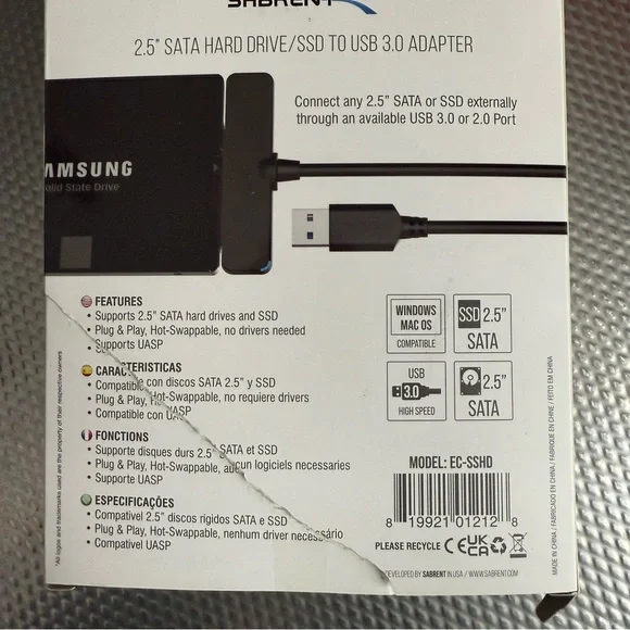 Sabrent SATA to USB Cable - USB 3.0 to 2.5” SATA I/II/III Hard Drive Adapter - Picture 5 of 6